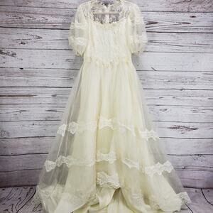 Vintage Women's Cream Lace Beaded Sequins Victorian Wedding Dress Medium